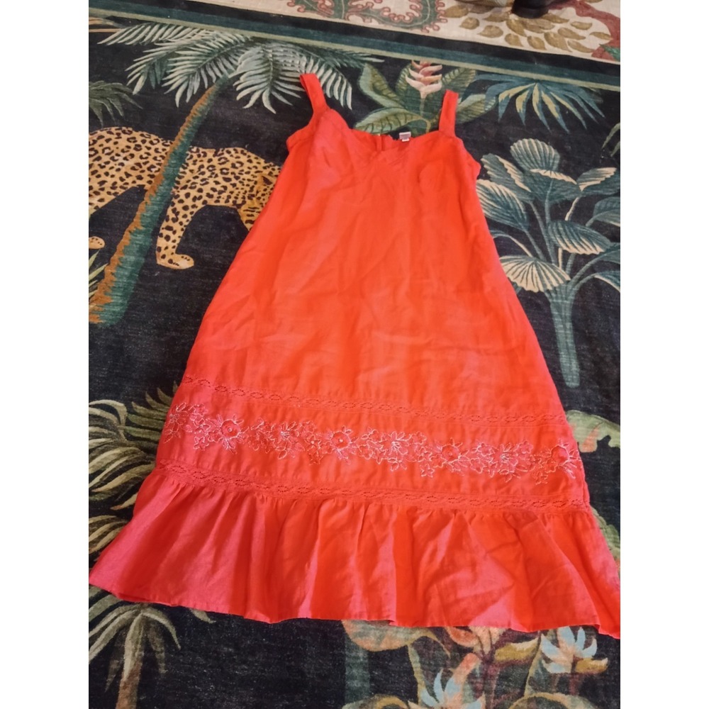 Y2K Old Navy Women's Linen Dress Pinkish Red Embroidered Ruffle Hem Size 4